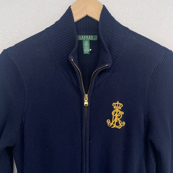Lauren Ralph Lauren Sweaters - LAUREN RALPH LAUREN Sweater L LRL Monogram Crest Cardigan Full Zip Cotton Blue